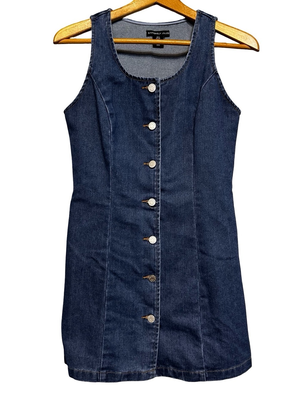 Sincerely Jules Blue Denim Button Front Mini Dress Size Small Sleeveless Boho